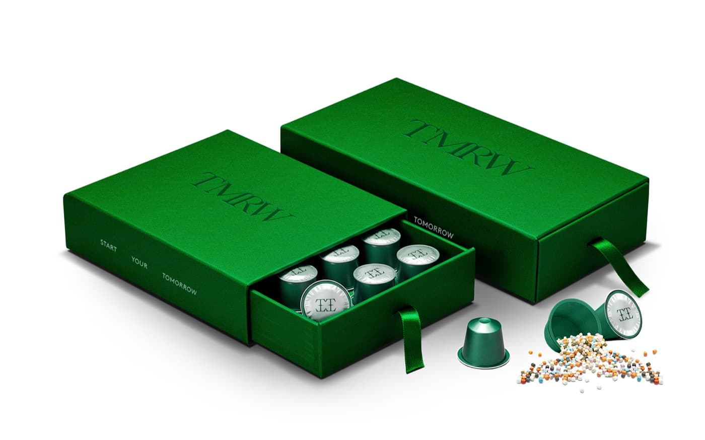 TMRW supplement pods and branded packaging